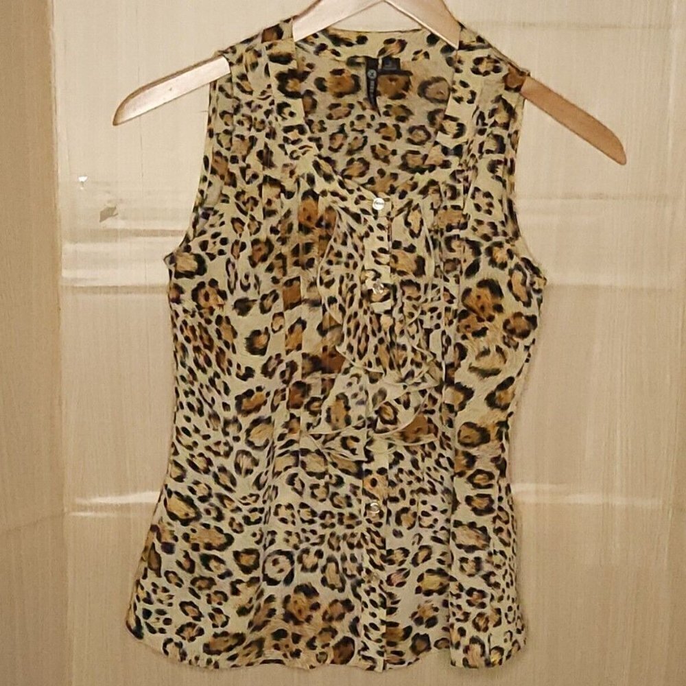 Milano Womens Brown Black Leopard Ruffle Front Sleeveless Blouse Small
